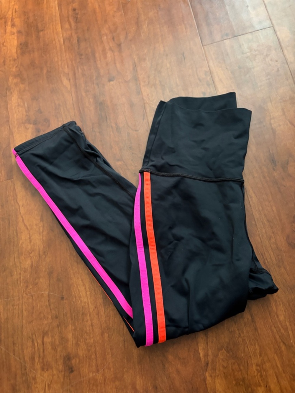With Womens Black Athletic Leggings with Pink and Orange Side Stripes Size S
